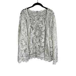Beaded Floral Mesh Cardigan White XL Neutral Preppy Chic Cottage Classic Retro